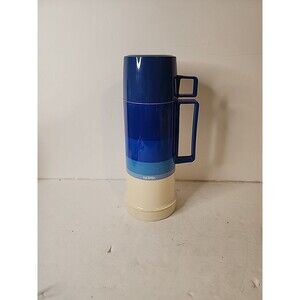 Vintage Retro Thermos Blue Stripes Filler 22F Stopper 722 Cup 22A63 Canada 16oz